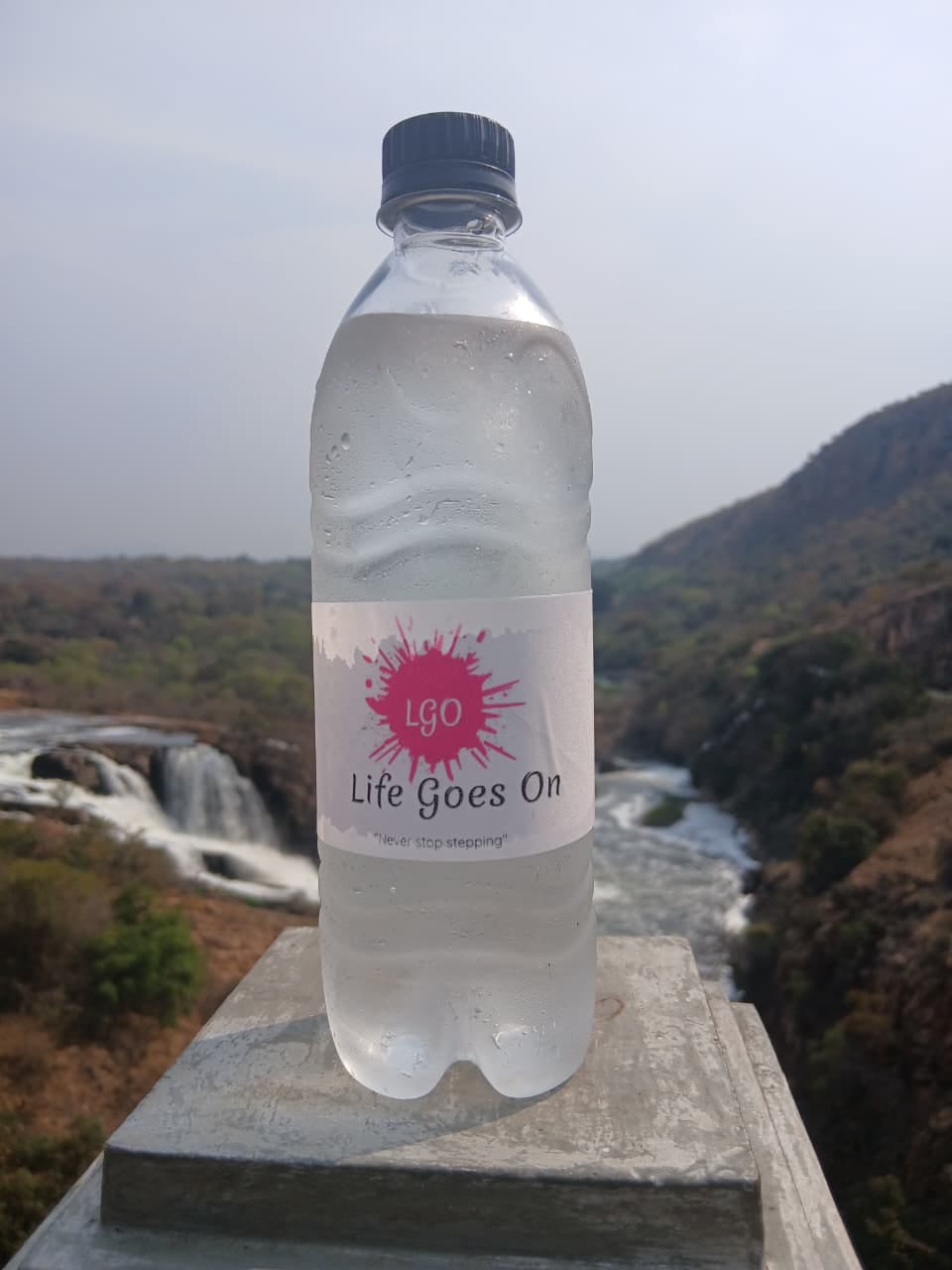 Life Goes On branded water bottle outdoors